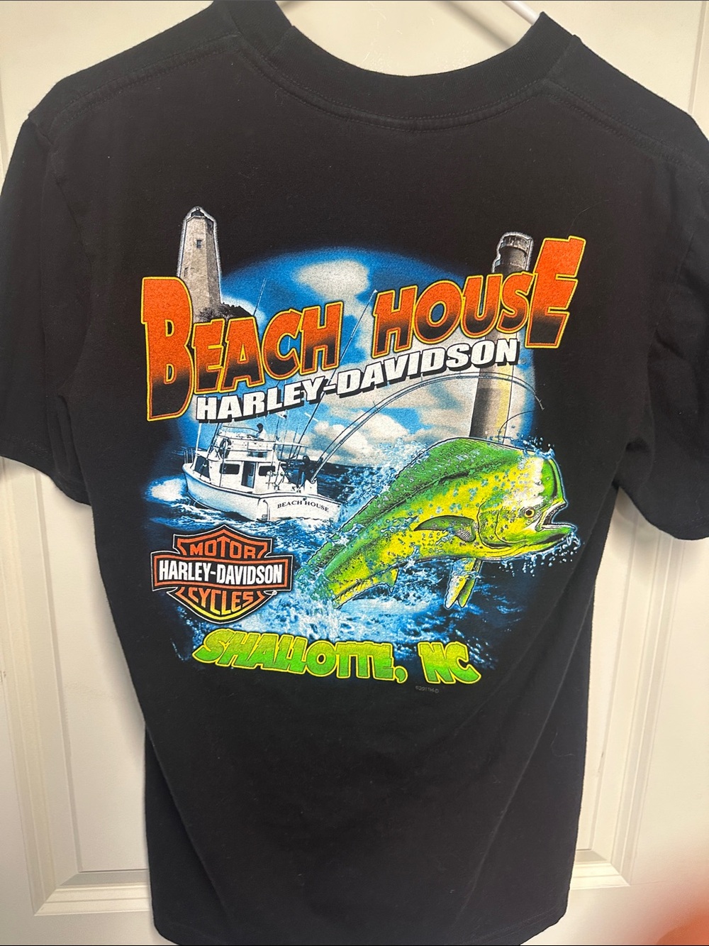 Harley-Davidson Black Tee with Neon Green Dolphin Fish Graphic Shallott NC